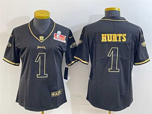 Womens Philadelphia Eagles #1 Jalen Hurts Black Gold 2025 Super Bowl LIX Patch Salute To Service Vapor Untouchable Limited Stitched Jersey(Run Small)